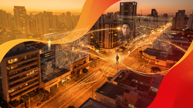 Vista aérea de uma avenida ao entardecer com painéis de reconhecimento facial e mapas da cidade projetados sobre o cruzamento.
