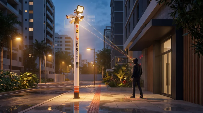 Totem Griffin Solution iluminado na calçada de um condomínio ao anoitecer, com feixes de leitura apontando para uma pessoa encapuzada.
