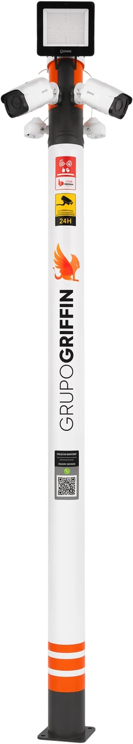 Totem Griffin Solution visto de frente: refletor LED no topo, duas câmeras apontadas para lados opostos e a base com faixas refletivas parafusada na calçada.